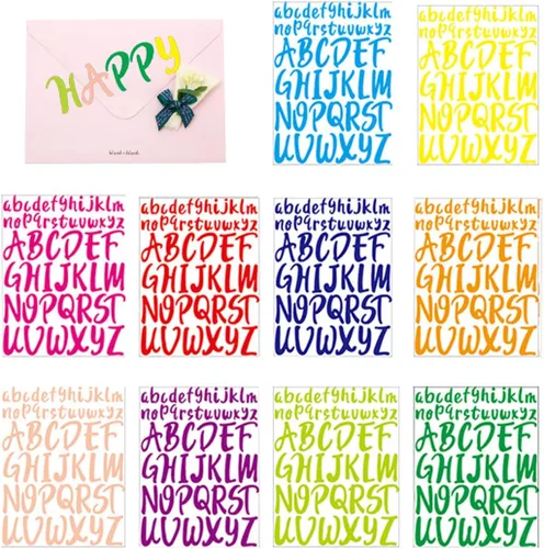 Vista 2 de 10 hojas de calcomanías de letras, letras mayúsculas y minúsculas coloridas, calcomanías de vinilo autoadhesivas, calcomanías para letreros