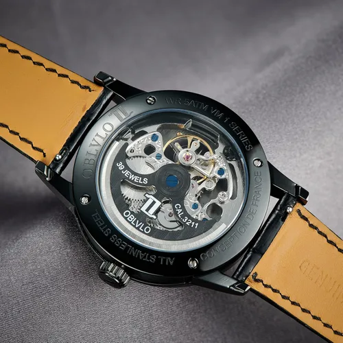 Vista 6 de OBLVLO Relojes casuales de lujo con diseño de esqueleto, oro rosa, relojes automáticos, cristal de zafiro VM-S