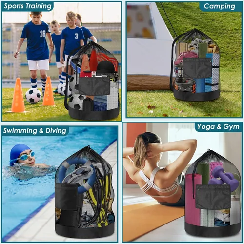 Vista 5 de BROTOU Bolsa de red para pelota de fútbol extragrande, bolsa de malla con cordón de 40 x 30 pulgadas con bolsillo con cremallera, bolsa