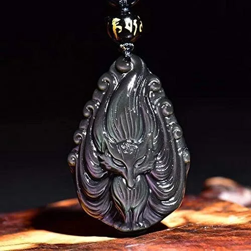 Vista 3 de Collar con colgante de zorro de nueve colas de cristal de obsidiana con cadena de cuentas para wen o mujeres