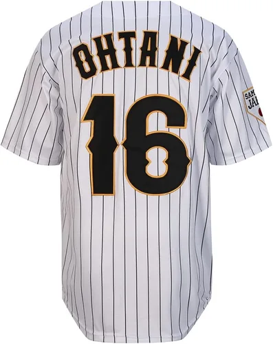 Vista 2 de Mens Ohtani 16# Stitched Japón Baseball Jerseys Blanco Negro Pinstriped Camisas
