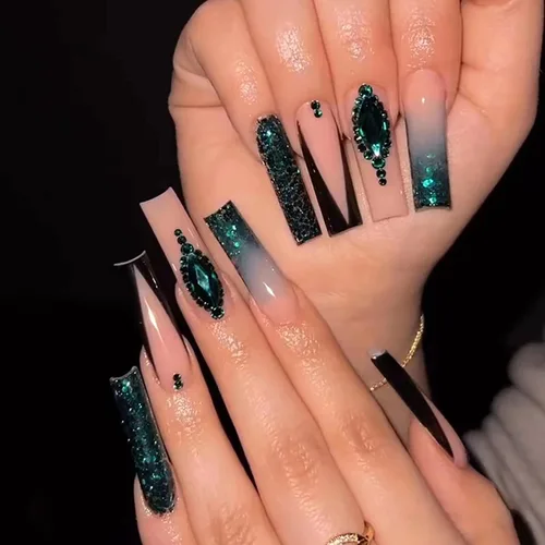 Vista 16 de Uñas postizas a presión de longitud cuadrada larga, cobertura completa, reutilizables, uñas postizas de bailarina, uñas adhesivas con diseños
