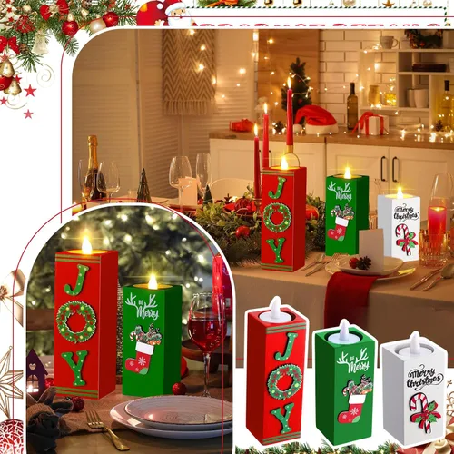 Vista 4 de SiliFine 3 portavelas de Navidad, centros de mesa de Navidad, decoración de madera, candelabros, centros de mesa rústicos, centros de mesa