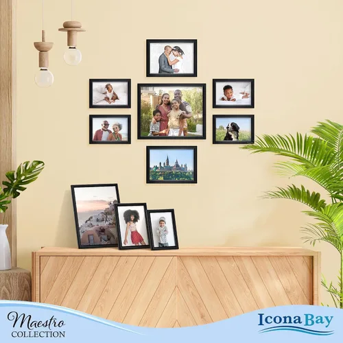 Vista 6 de Icona Bay Juego de marcos de fotos negros combinados, 10 unidades (cinco de 4 x 6, tres de 5 x 7, dos de 8 x 10), estilo contemporáneo y elegante