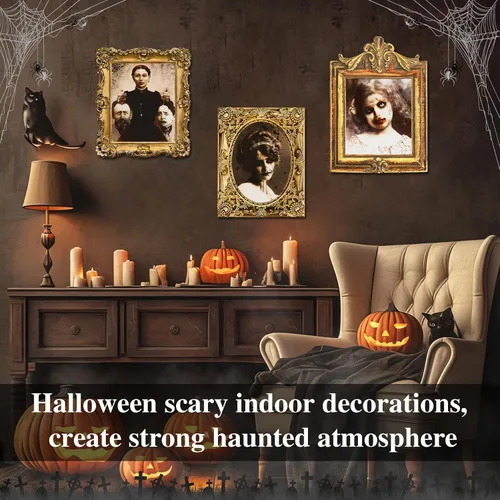 Vista 6 de 10 piezas de decoraciones de Halloween para interiores con retratos de caras cambiantes en 3D, marco de fotos de terror, carteles en movimiento