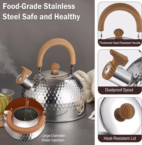 Vista 3 de Hervidor de té, acero inoxidable de grado alimenticio con mango plegable de madera, hervidor silbante para estufas de inducción, gas y eléctricas