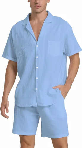 Vista 31 de RPOVIG Conjunto corto de camisa de lino: conjunto casual de 2 piezas con botones para hombre