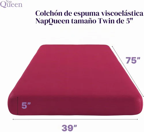 Vista 2 de NapQueen Colchón de Espuma Viscoelástica Twin de 5 Pulgadas, Sensación Media, Certificado CertiPUR-US, Cama en una Caja, Funda de Tela Suave
