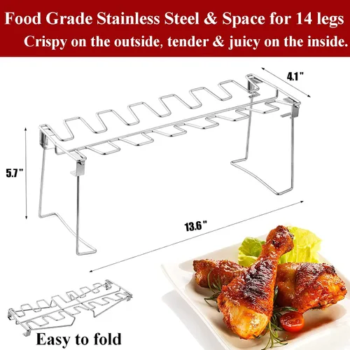Vista 4 de Triceratops Estante para patas y alas de pollo, 14 ranuras para baquetas de pollo para barbacoa, soporte de acero inoxidable para ahumador, horno