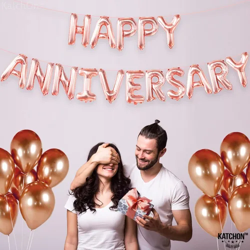 Vista 3 de KatchOn Letras de globos de feliz aniversario de oro rosa, 16 pulgadas, pancarta de aniversario para decoraciones, telón de fondo, pancarta de globos