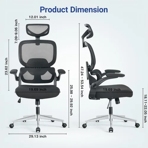 Vista 3 de HYLONE Silla de oficina ergonómica con asiento y respaldo de malla completa, silla de escritorio de malla con respaldo alto con base de aluminio