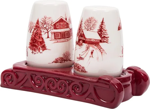 Vista 3 de Bico Toile De Jouy Winter Wonderland - Juego de salero y pimentero con soporte para trineo, coctelera de cerámica pintada a mano con soporte