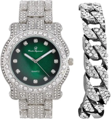 Vista 10 de Charles Raymond Reloj redondo de lujo para hombre totalmente incrustado con brillantes en plata con pulsera Bling-ed Out - L0504B