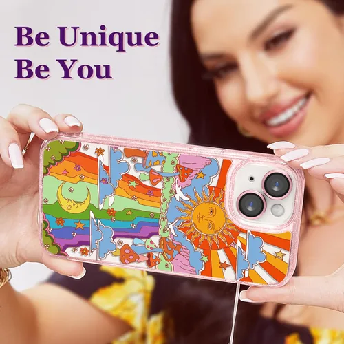 Vista 6 de Compatible para iPhone 13 Funda Linda Estética - Funda de Teléfono Rosa con Protector de Cámara - Diseño de Cubierta con Estampado de Hongos