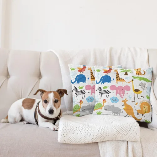 Vista 4 de Ambesonne Paquete de 2 fundas de cojín de animales, diseño de jirafa, elefante, cebra, tortuga, niños, guardería, estampado de dibujos animados