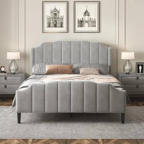 Vista 23 de Cama de plataforma tapizada de tamaño matrimonial con cabecera de terciopelo con patrón de flores, con marco de cama de soporte de listones