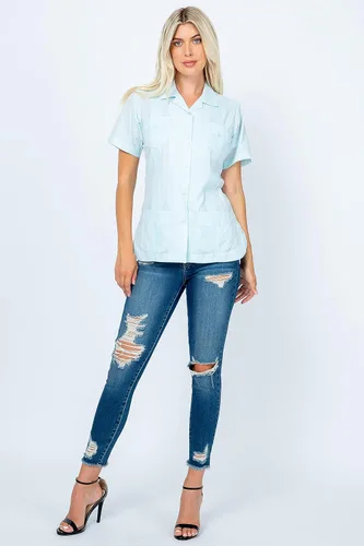 Vista 4 de Mojito Collection Guayabera de manga corta clásica de mezcla de algodón para mujer con 4 bolsillos Aguamarina (Aquamarine)
