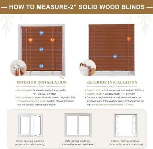 Vista 6 de Persianas de madera real de 2 pulgadas para ventanas de interior, persianas venecianas opacas de madera maciza, tamaño personalizado, color cereza