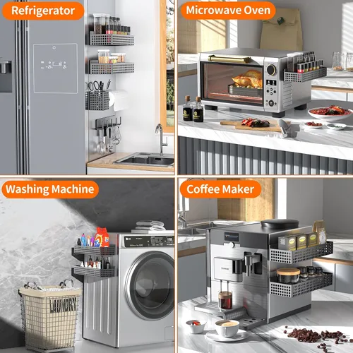 Vista 6 de Estante magnético para especias para refrigerador de 2 niveles y soporte para toallas de papel y soporte para utensilios, organizador magnético