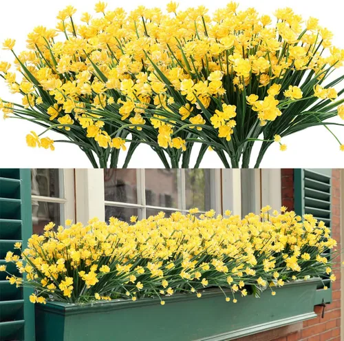 Vista 5 de 4 paquetes de flores artificiales, vegetación artificial falsa, resistente a los rayos UV, no se decolora, plantas de plástico sintético para ramo