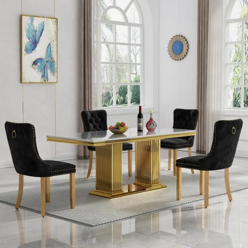 Vista 24 de Juego de mesa de comedor de mármol para 4, mesa de cocina rectangular de mármol negro de 68 pulgadas con base en H de acero inoxidable dorado, juego