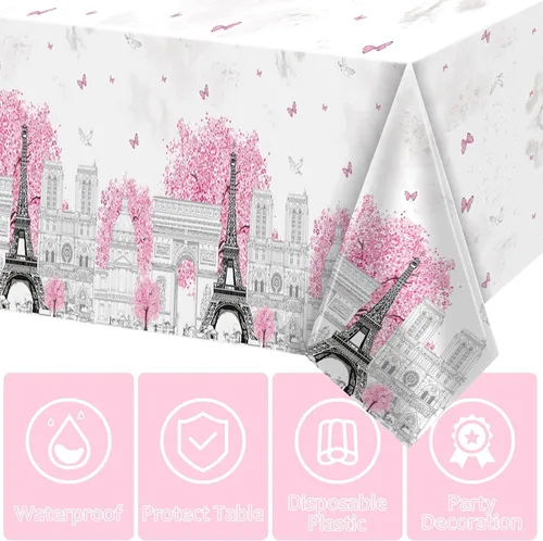 Vista 3 de ZOIIWA 3 manteles de la Torre Eiffel de París, color rosa, temática de París, Torre Eiffel, fundas de mesa rectangulares desechables de plástico