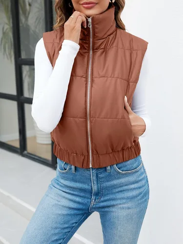 Vista 3 de Fisoew Chaleco acolchado de piel sintética para mujer, cuello alto, con cremallera, sin mangas, para invierno