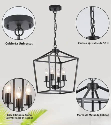Vista 5 de AMZASA UL Listada Lámpara de araña industrial negra de 4 luces, lámpara colgante de jaula metálica de granja, estilo rústico geométrico, accesorios