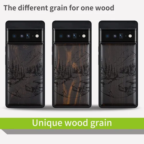 Vista 7 de Carveit Funda de madera para Pixel 6 Pro [madera natural y TPU suave negro] a prueba de golpes, funda de madera única compatible con Google Pixel 6