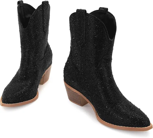 Vista 3 de SOVANYOU - Botas de cowboy con tachuelas para mujer, puntera en forma de almendra, tacón de bloque brillante, botas de vaquera con tachuelas