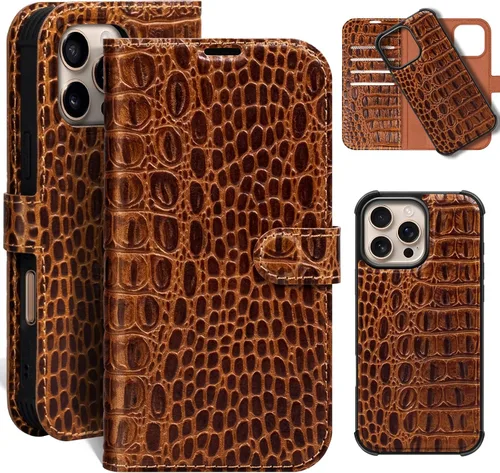 Vista 18 de Funda de cuero compatible con iPhone 16 Pro Max Cartera 6.9", cuero genuino 2 en 1, magnética, desmontable, a prueba de golpes, funda tipo folio