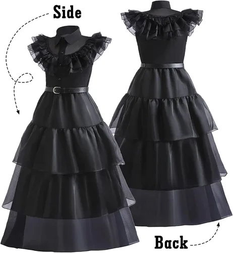 Vista 3 de Meiniyea Disfraz de miércoles Addams para niñas, disfraz casual para niños, disfraz de Halloween, cosplay, vestido de fiesta, color negro
