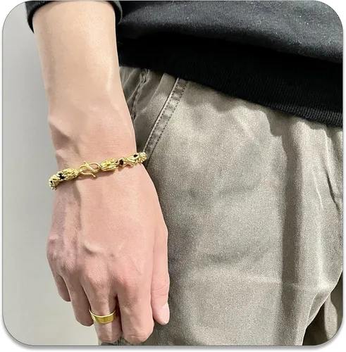 Vista 6 de Pulsera chapada en oro de 18 quilates con cabeza de dragón, pulsera de eslabones de chorro de arena, Metal, Sin gemas.
