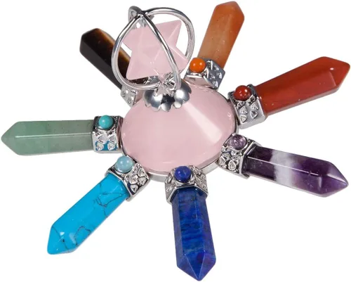 Vista 8 de Nupuyai Generador de energía de 7 chakras, torre cónica de pirámide de punto de cristal curativo de reiki con piedra de estrella Merkaba, piedra