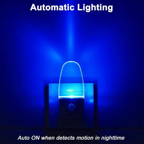 Vista 2 de GREENIC Paquete de 2 luces nocturnas con sensor de movimiento azul enchufables, lámpara de luz nocturna con detector de movimiento LED de 0.5 W