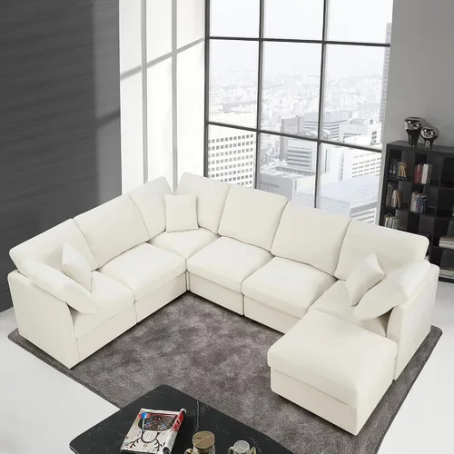 Vista 11 de Anwick Sofá modular en forma de L de 117 pulgadas, moderno sofá modular de pana con otomana movible de 5 asientos, sofás seccionales convertibles