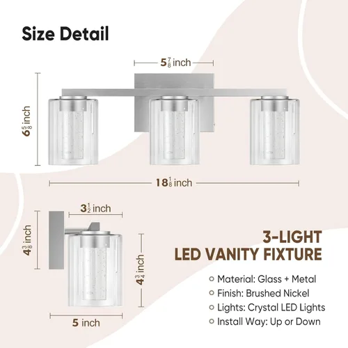 Vista 5 de Lámparas de baño modernas LED sobre espejo, 3 luces de tocador de níquel cepillado con 5 modos de color, lámpara de tocador de baño regulable