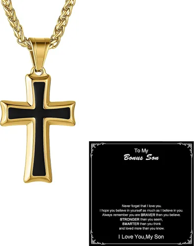 Vista 10 de HZMAN Collar con colgante de cruz de acero inoxidable para hombres con cadena de trigo Negro & rojo