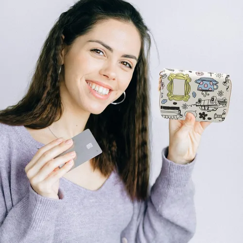 Vista 5 de Tarjetero de crédito para mujeres y niñas, con diseño de flores cortas, con cremallera y llavero, organizador de monedero pequeño, Blanco, Casual