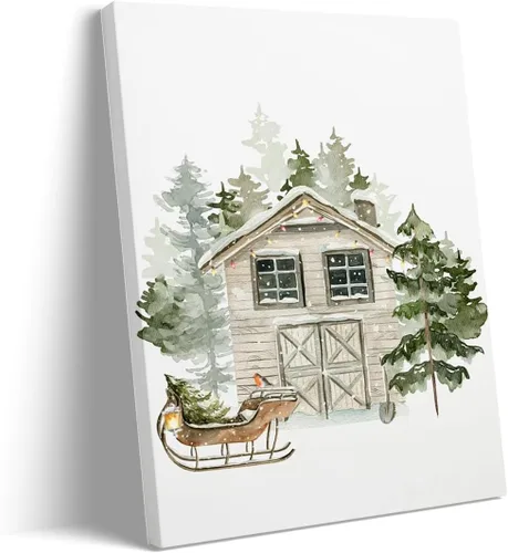 Vista 21 de Arte de pared de pueblo de invierno, encantadoras casas de pueblo cubiertas de nieve, escena nocturna acogedora, arte de pared, decoración navideña