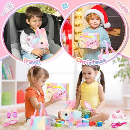 Vista 6 de NINAOR Juguetes interactivos de peluche para niños con bolsas de mano, conejo robot de peluche con correa que salta y orejas que se mueven, juguetes