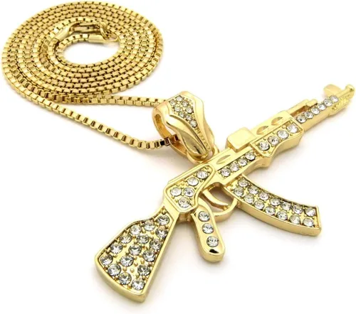 Vista 4 de Mens Iced Out ametralladora AK47Chopper, arma Uzi, pistola de mano, caja colgante, cuerda, cadena cubana, set de 3 collares con dije