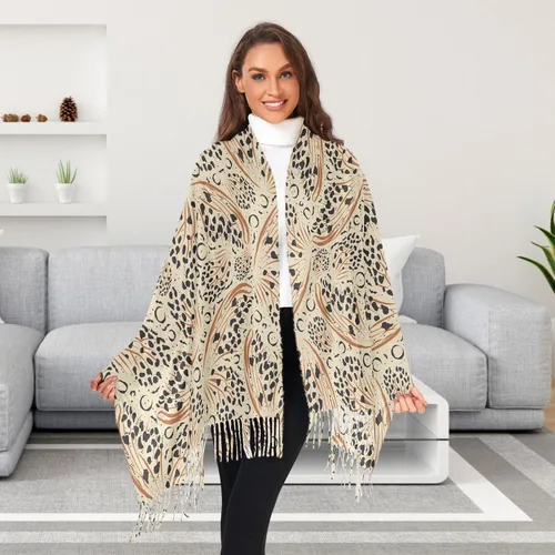 Vista 4 de JHKKU Bufanda con estampado de leopardo y mariposa para mujer, bufanda larga con borla para otoño e invierno, multicolor24