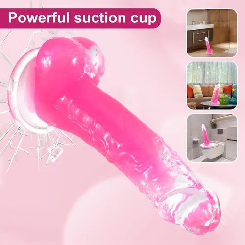 Vista 3 de Consolador rosa realista, consolador de 7.6 pulgadas que brilla en la oscuridad con ventosa fuerte, juguetes sexuales suaves para hombres, mujeres