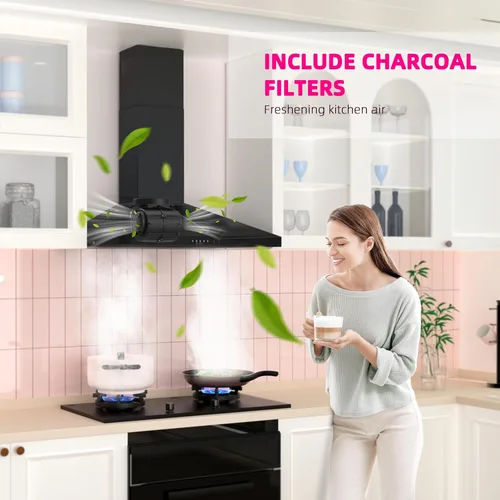 Vista 6 de FIREGAS Campana extractora negra de 30 pulgadas, campana de cocina de montaje en pared convertible con conductos/sin conductos, 450 CFM, extractor