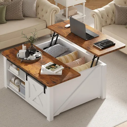 Vista 9 de DUMOS - Mesa auxiliar elevable, mesa central con almacenamiento, mesas cuadradas para sala de estar con estantes ajustables, modernas mesas de Madera