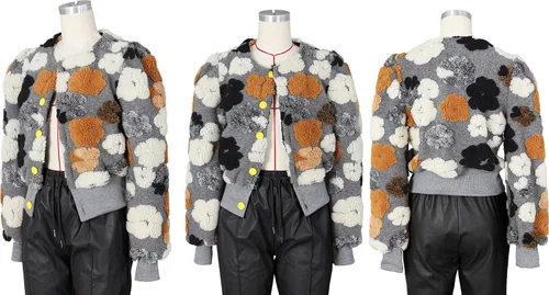 Vista 7 de Ptorlio Chaqueta bomber recortada floral para mujer, manga larga, con botones, ropa de abrigo