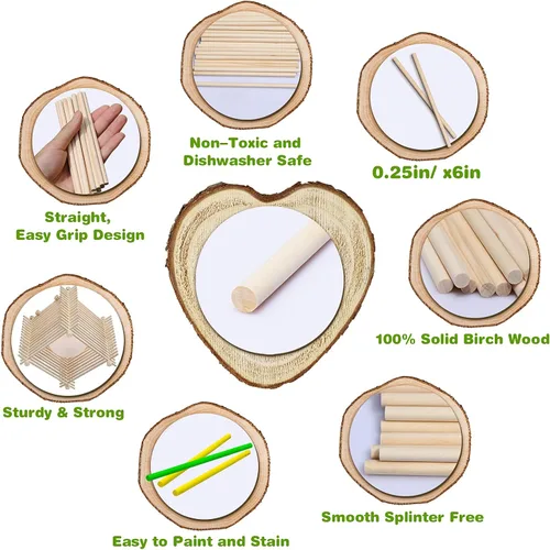 Vista 3 de Varillas de madera, 100 varillas redondas de madera de 1/4 x 6 pulgadas para manualidades, decoración del hogar, soporte de pasteles, accesorios