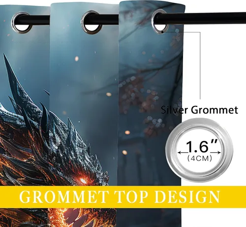 Vista 4 de Cortinas opacas con diseño de dragón para decoración del hogar, diseño de animales de fantasía, medievales, con ojales, aislamiento térmico