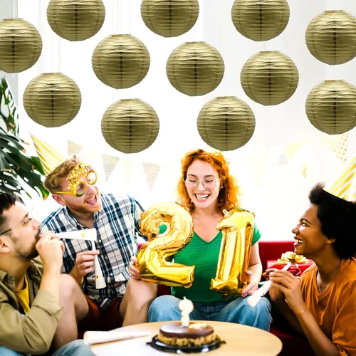 Vista 5 de Linternas de papel doradas chinas, japonesas, colgantes, redondas, para decoración de fiesta de Año Nuevo y Año Nuevo Lunar (12 unidades)